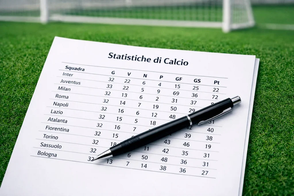 Primo piano di un foglio con statistiche di una partita di calcio e una penna appoggiata sopra con un campo da calcio verde sullo sfondo