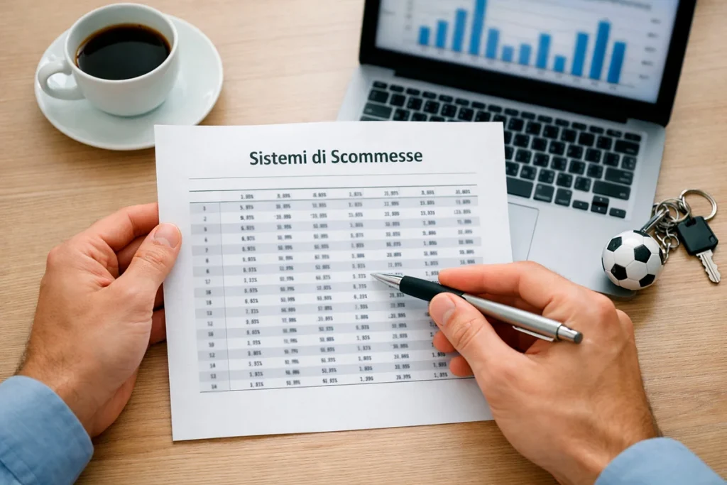 Persona che analizza una tabella di rendimenti dei sistemi scommesse su un foglio di carta accanto a un laptop