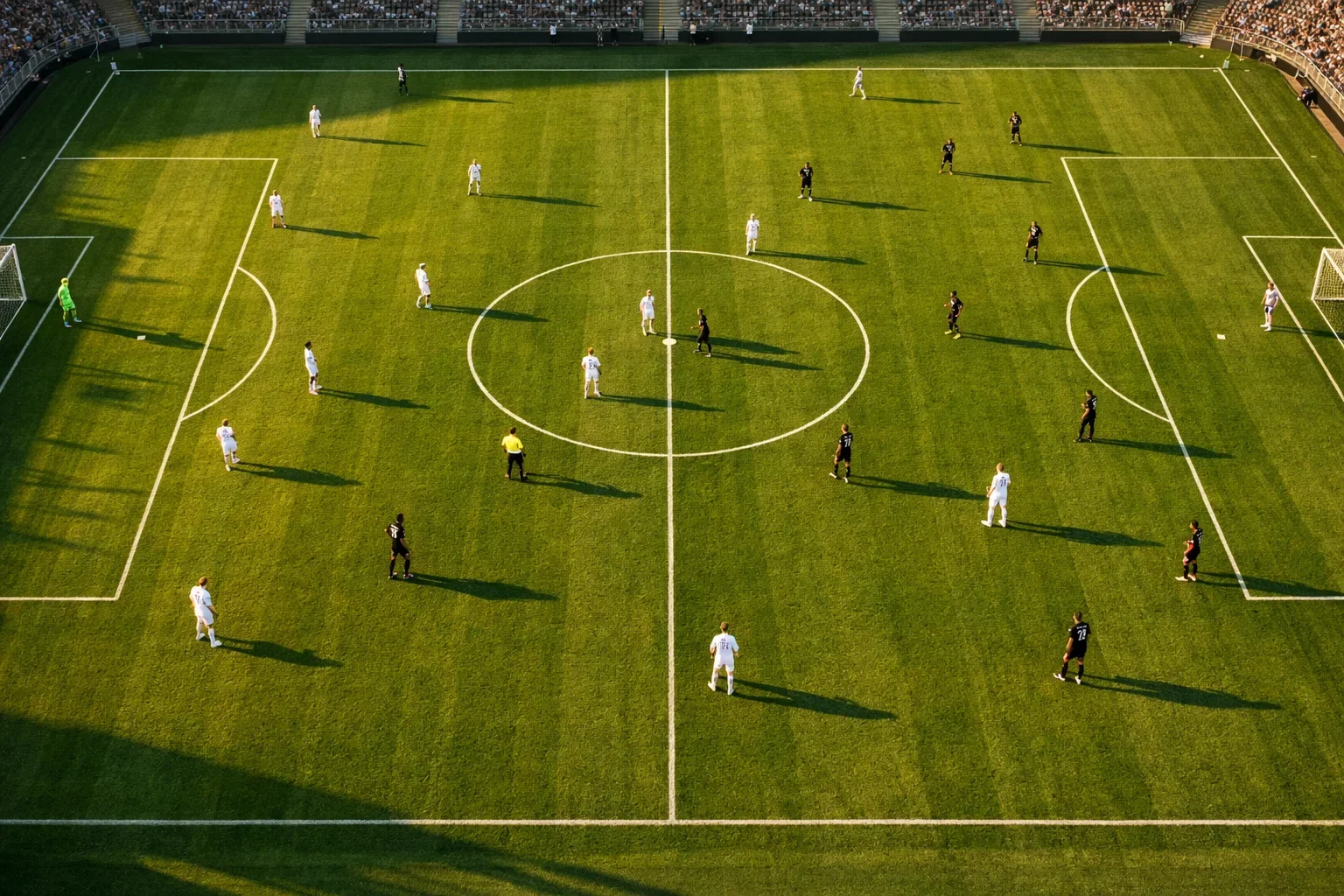 Campo da calcio in erba naturale con linee bianche visto dall'alto durante una partita