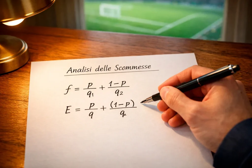 Mano che scrive la formula del criterio di Kelly su un foglio con penna accanto a un campo da calcio sfocato sullo sfondo