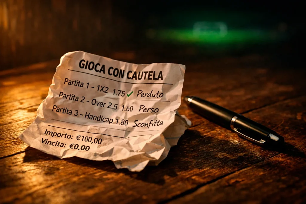 Schedina di scommesse sportive appallottolata accanto a una penna su un tavolo di legno con luce calda laterale