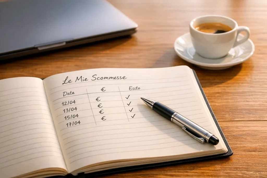 Quaderno aperto con appunti di pianificazione finanziaria per scommesse sportive accanto a una penna su una scrivania ordinata