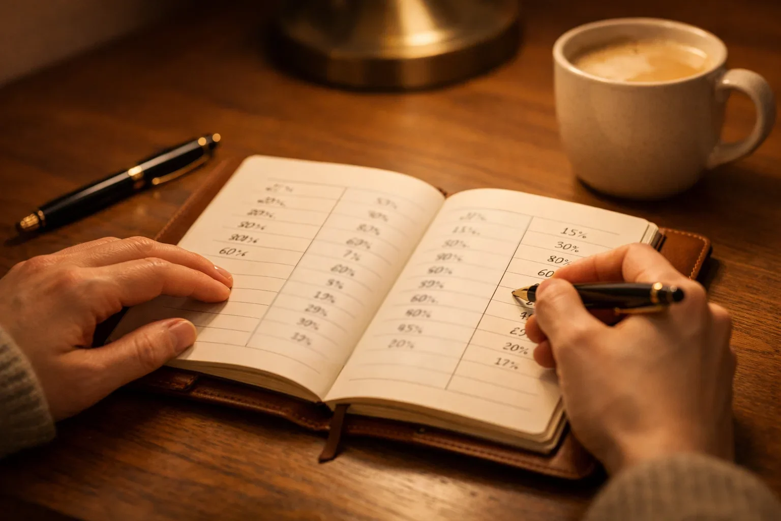 Persona che prende appunti con penna su un quaderno durante l'analisi delle scommesse