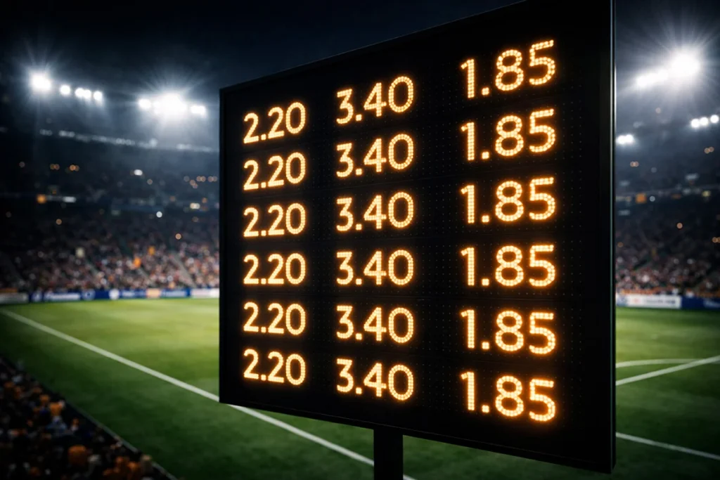 Tabellone luminoso di uno stadio di calcio che mostra quote decimali con tifosi sugli spalti sfocati