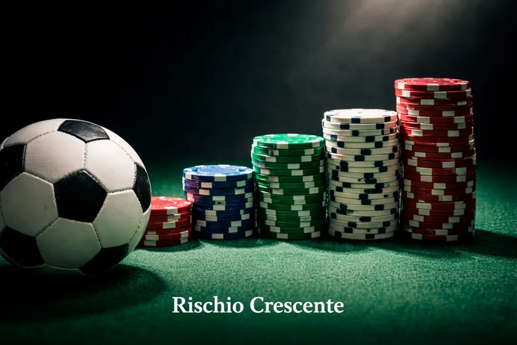 Pila di fiches da gioco che cresce esponenzialmente su un tavolo verde con un pallone da calcio in primo piano