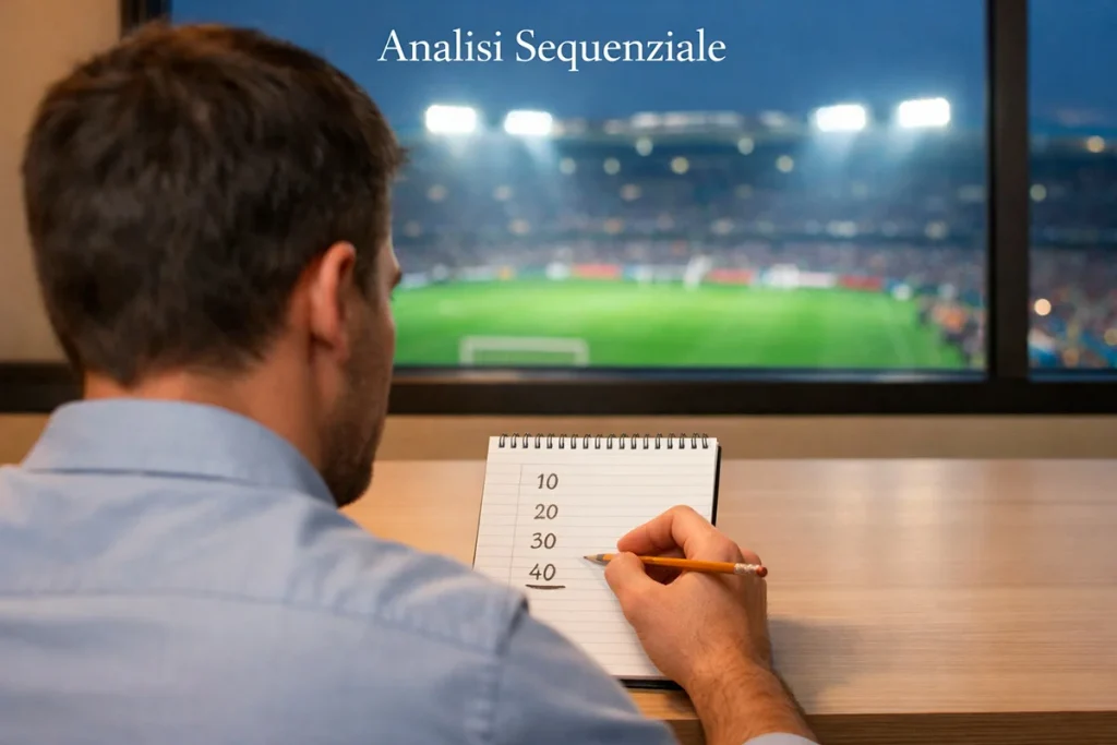 Persona che annota una progressione di numeri crescenti su un blocco note con uno stadio di calcio illuminato sullo sfondo