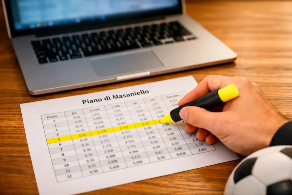 Foglio di calcolo stampato con tabella Masaniello per scommesse sportive accanto a un laptop aperto su una scrivania