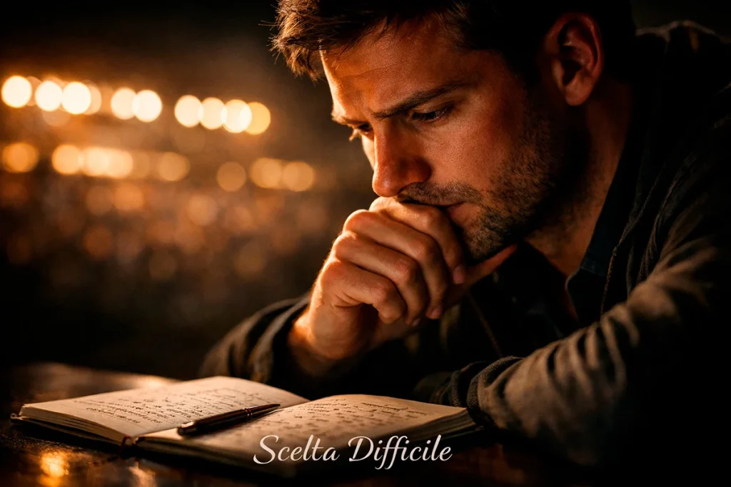 Primo piano del volto concentrato di uno scommettitore che riflette davanti a un foglio di appunti con uno stadio sfocato sullo sfondo