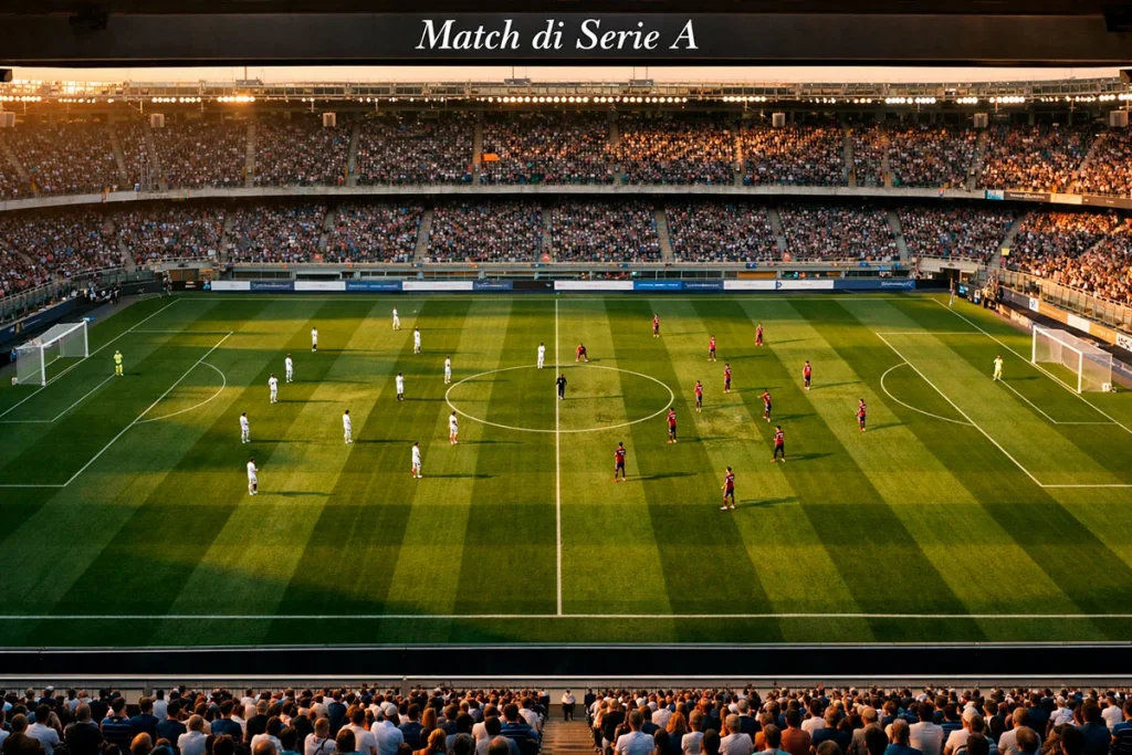 Panoramica dall'alto di un campo di calcio in erba durante una partita di Serie A con le due squadre schierate