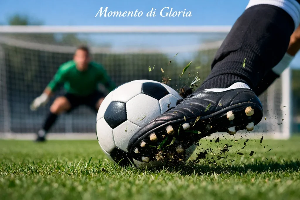 Attaccante di calcio che tira verso la porta avversaria su un campo in erba naturale durante una partita diurna