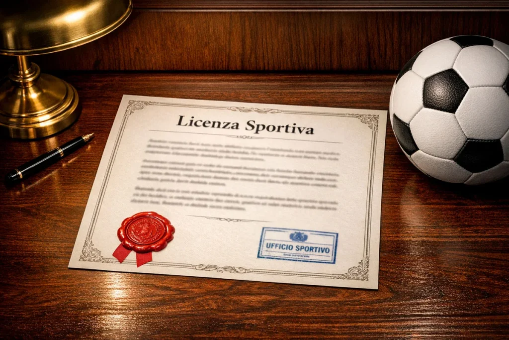 Documento ufficiale con timbro e logo istituzionale accanto a un pallone da calcio su una scrivania ordinata
