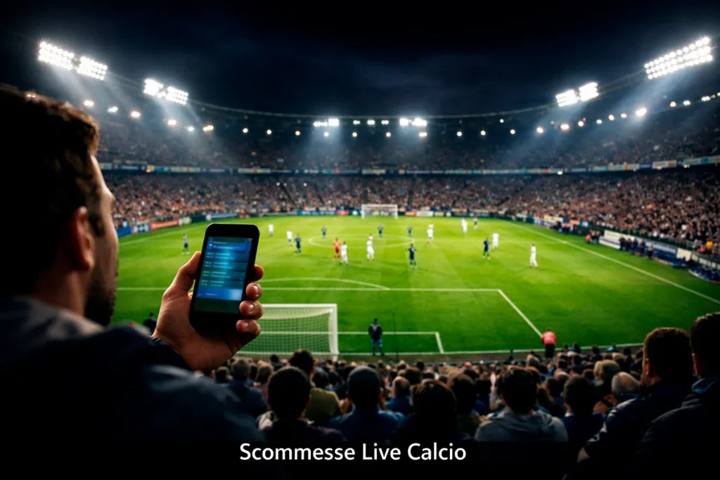 Stadio di calcio illuminato durante una partita serale con un tifoso che consulta le quote sul proprio smartphone