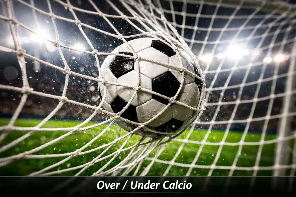 Pallone da calcio che entra in rete durante una partita su campo in erba naturale, visto dalla porta