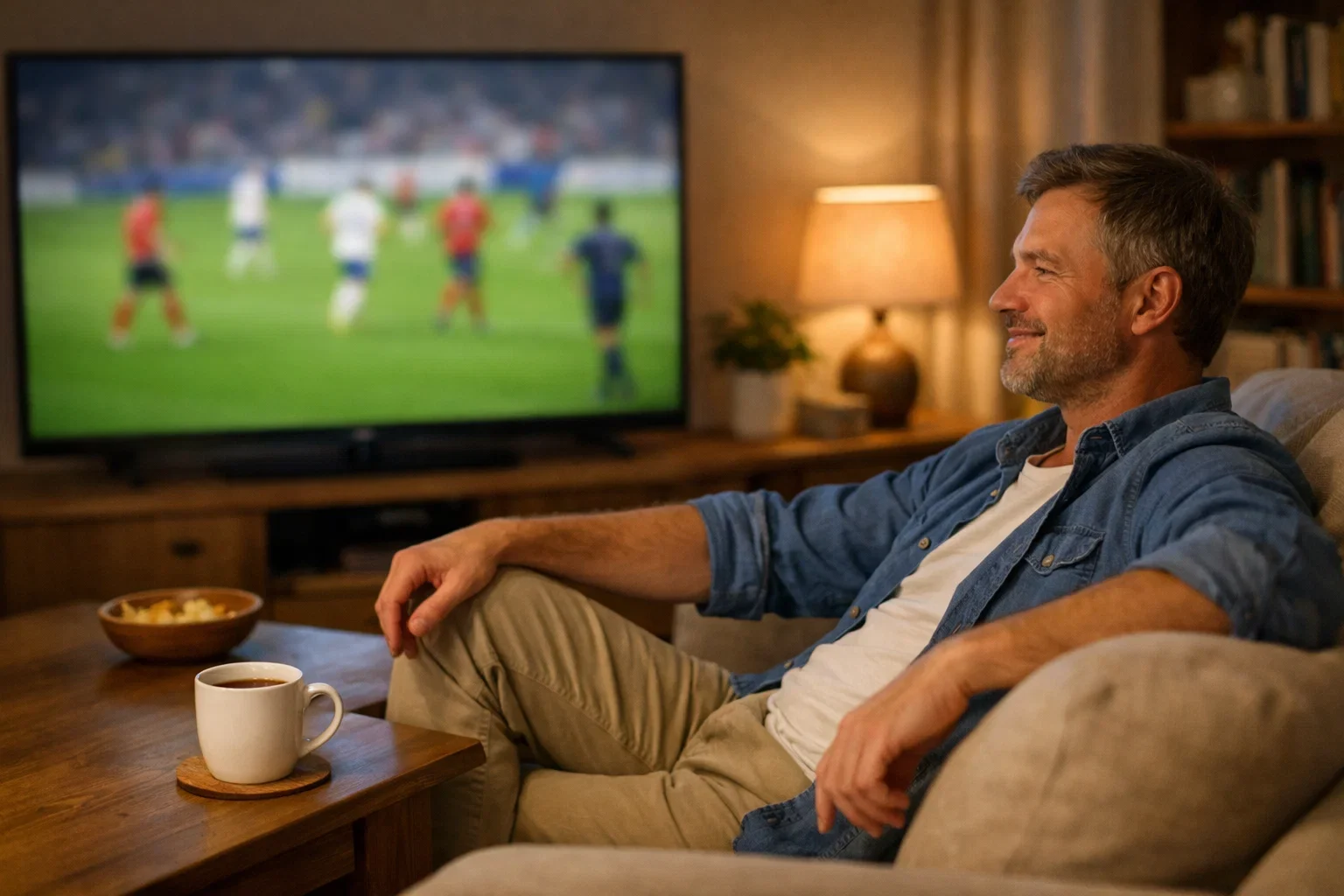 Persona rilassata che guarda una partita di calcio in TV dal divano di casa