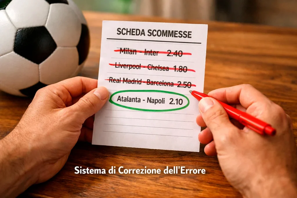 Tabellone di scommesse sportive con evidenziazione di combinazioni vincenti nonostante errori nei pronostici calcio