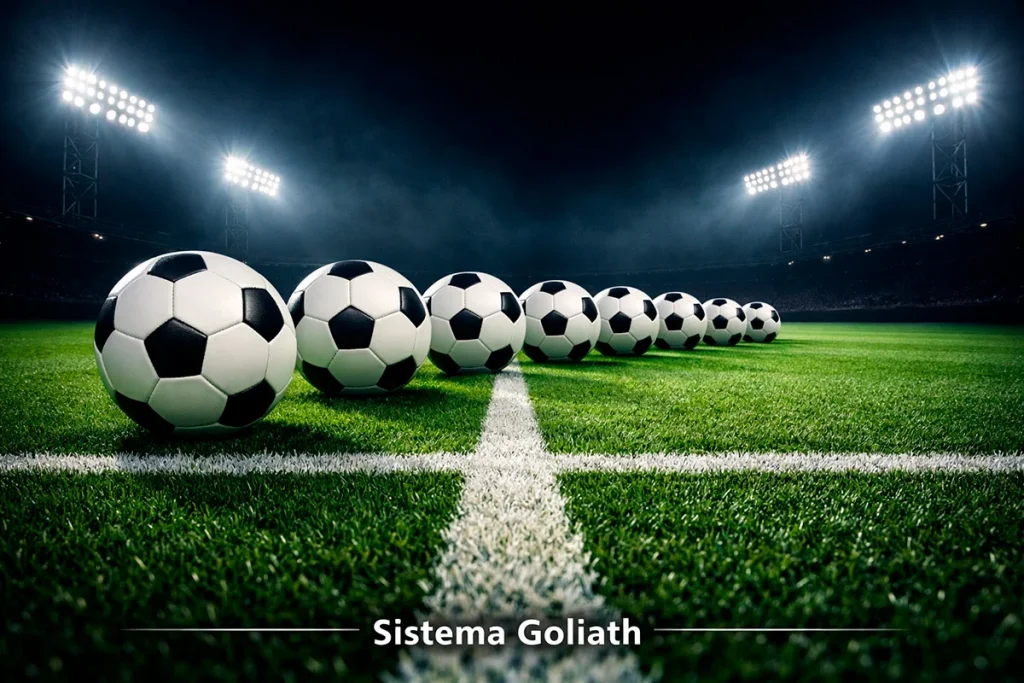 Otto palloni da calcio allineati su un grande campo verde sotto il cielo notturno con i riflettori dello stadio accesi, simbolo del sistema Goliath