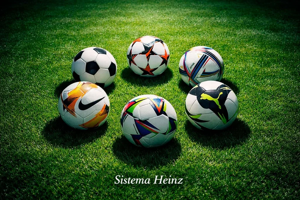 Sei palloni da calcio disposti a cerchio sul campo da gioco sotto potenti luci dello stadio, rappresentano le sei selezioni del sistema Heinz