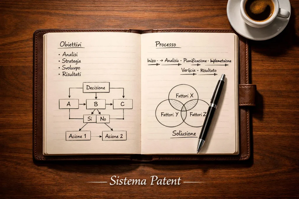 Un taccuino aperto su un tavolo in legno con appunti scritti a mano e una penna, simbolo della strategia ragionata del sistema Patent