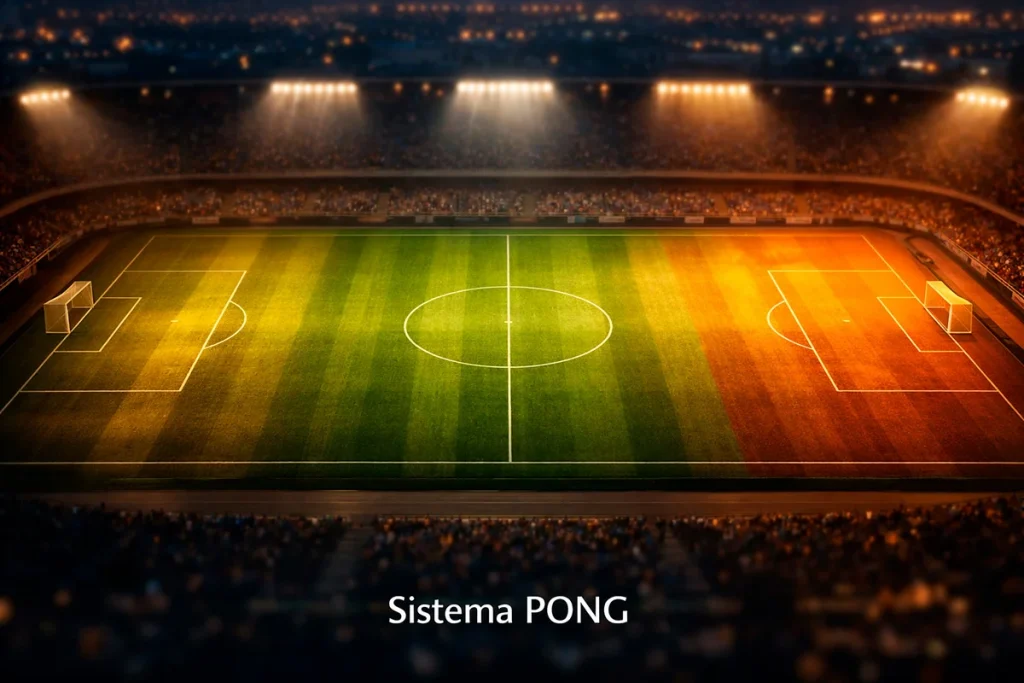 Un campo da calcio visto dall'alto diviso in tre zone illuminate da luci diverse, simbolo dei tre mercati del sistema PONG