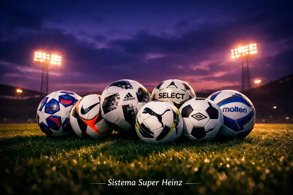 Sette palloni da calcio su un campo da gioco illuminato nella penombra serale con luci dello stadio sullo sfondo, simbolo del sistema Super Heinz
