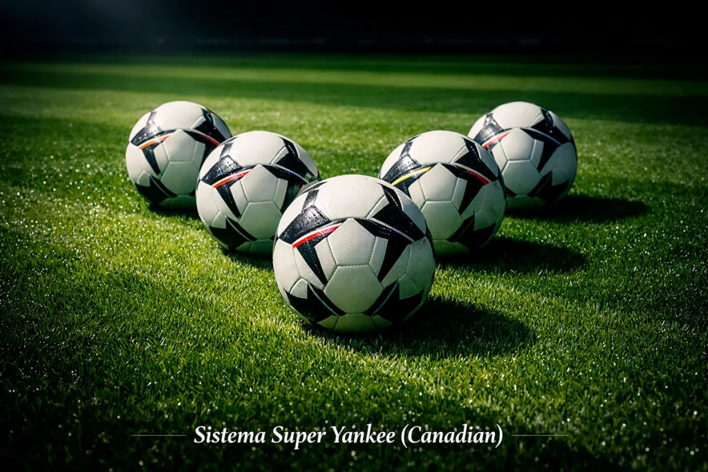 Cinque palloni da calcio su un campo verde illuminato con luce drammatica, simbolo dei cinque eventi del sistema Super Yankee Canadian