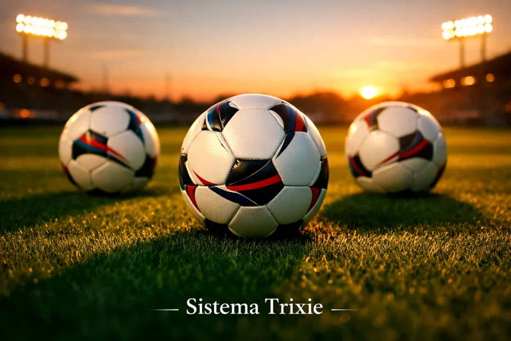 Tre palloni da calcio disposti su un campo in erba verde sotto le luci dello stadio, simbolo delle tre selezioni del sistema Trixie