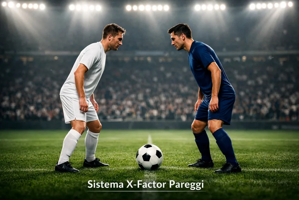 Due squadre di calcio in azione su un campo verde durante una partita equilibrata sotto le luci dello stadio, scena tipica di un pareggio