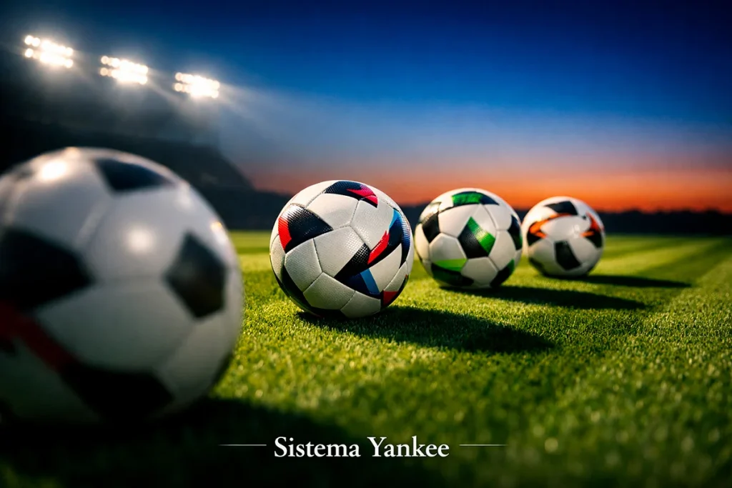 Quattro palloni da calcio allineati sul prato verde di uno stadio illuminato dai riflettori, rappresentano i quattro eventi del sistema Yankee