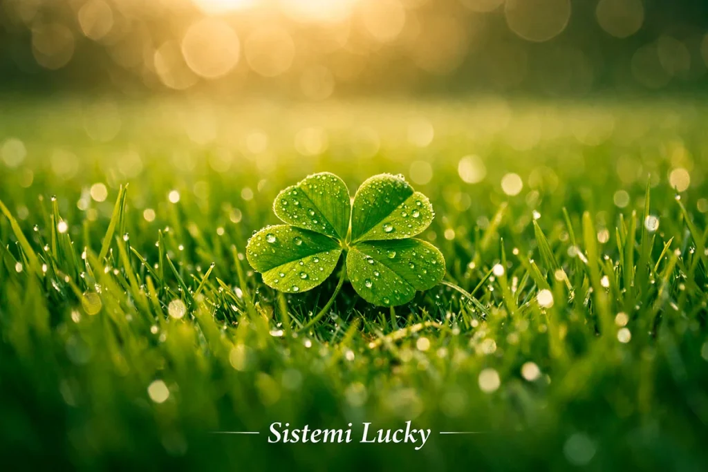 Un quadrifoglio verde posato su un campo da calcio in erba con luce solare morbida, simbolo della famiglia di sistemi Lucky nelle scommesse