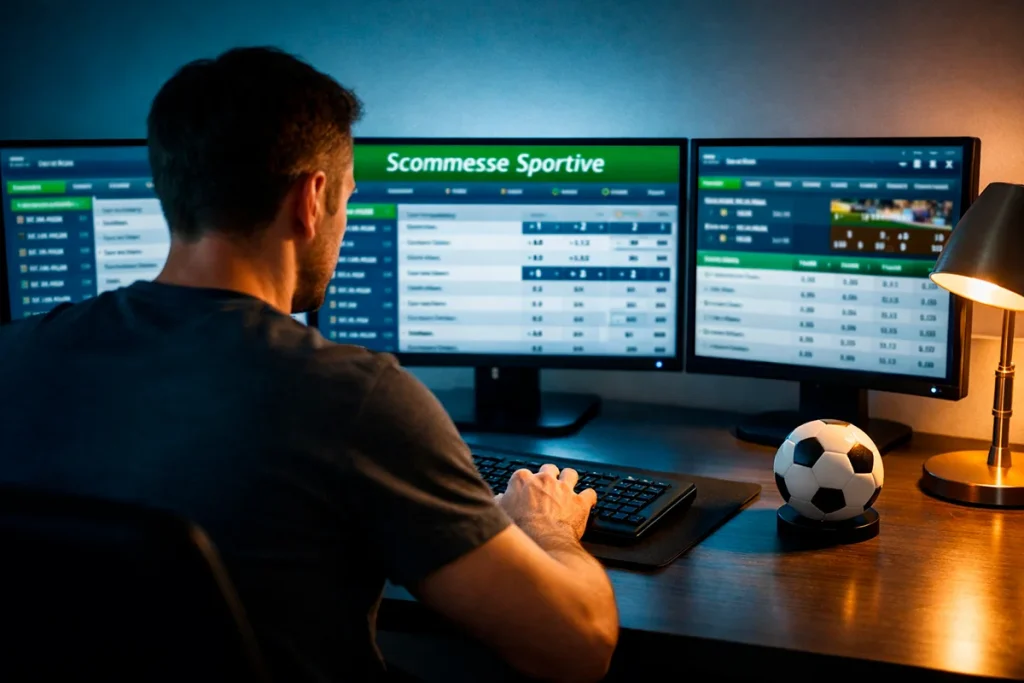 Persona che confronta le quote di una partita di calcio su tre schermi di bookmaker diversi alla scrivania