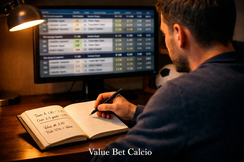 Analista sportivo che confronta quote di scommesse calcio su un monitor con dati statistici delle partite